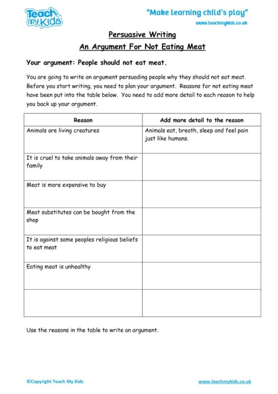 Worksheets for kids - arguement-for-not-eating-meat